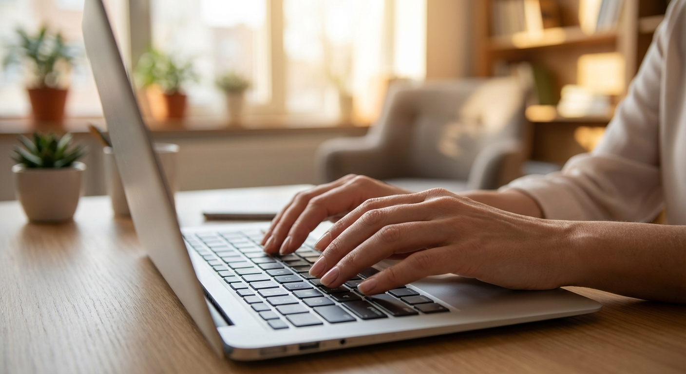 Mains tapant sur un laptop dans un bureau chaleureux