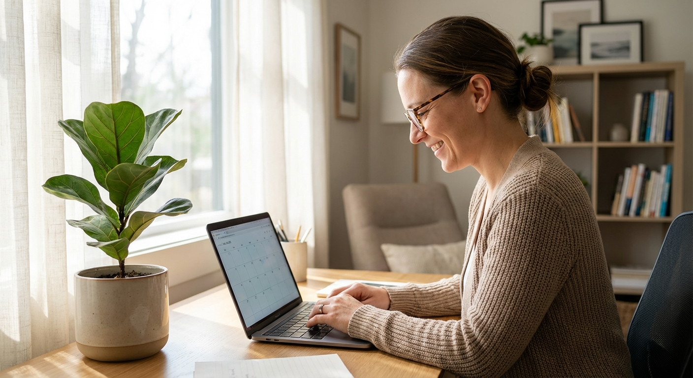 Thérapeute consultant son calendrier de rendez-vous sur un ordinateur portable dans un bureau moderne et lumineux