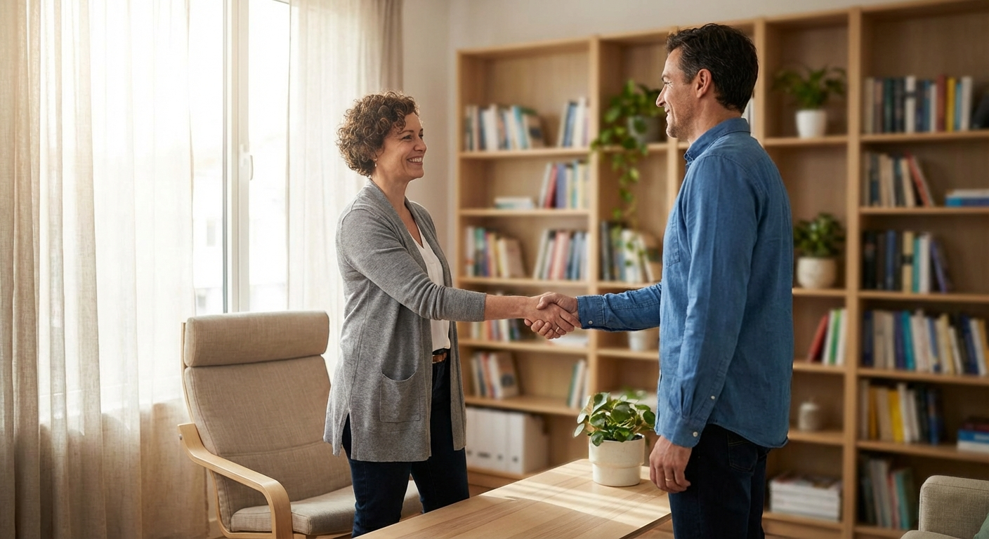 Thérapeute et client se serrant la main chaleureusement à la fin d'une séance